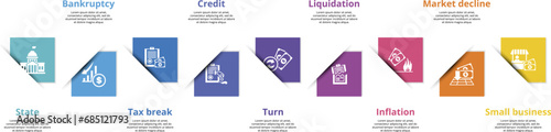 Infographics with Crisis theme icons, 10 steps. Such as state, bankruptcy, tax break, credit and more.