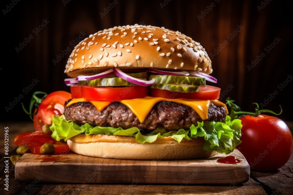A juicy, mouth-watering hamburger with a perfectly grilled patty, crisp lettuce, ripe tomatoes, melted cheese, and a soft, toasted bun served on a rustic wooden table A juicy, mouth-watering hamburger with a perfectly grilled patty, crisp lettuce, ripe tomatoes, melted cheese, and a soft, toasted bun served on a rustic wooden table
