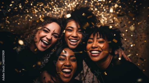 A group of women standing together with confetti falling around them and smiling at the camera with a black background.