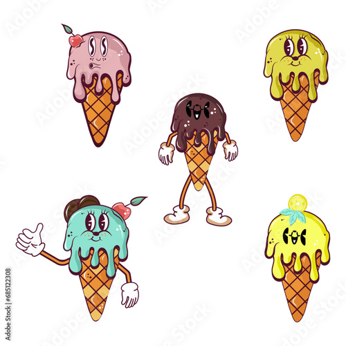 Fun ice cream characters in groovy style. (ID: 685122308)