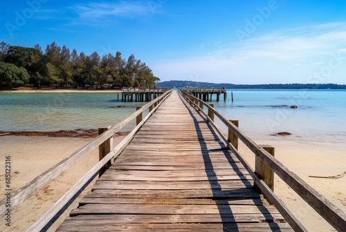 wooden bridge over the beach with calm and clean water. generative ai