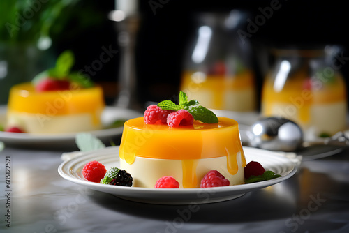 sweet dessert panna cotta with mango and raspberries photo