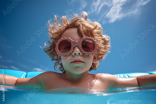 portrait cheerful child in sunglasses swimming in the sea with an inflatable circle on a sunny summer day