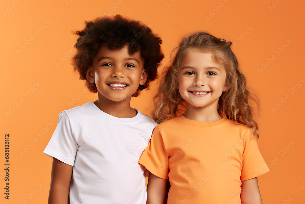portrait of happy and smiling children wearing summer clothes isolated on orange background portrait of happy and smiling children wearing summer clothes isolated on orange background