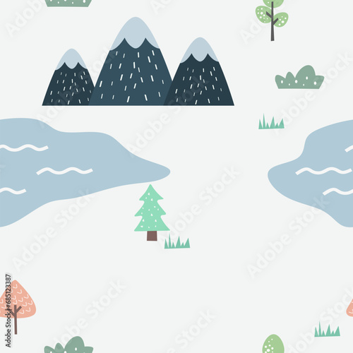 Fototapeta Naklejka Na Ścianę i Meble -  Seamless pattern with cute element of forest, lake and mountain. Cute hand drawn in nature theme. Perfect for kids, background, wrapping paper, and more
