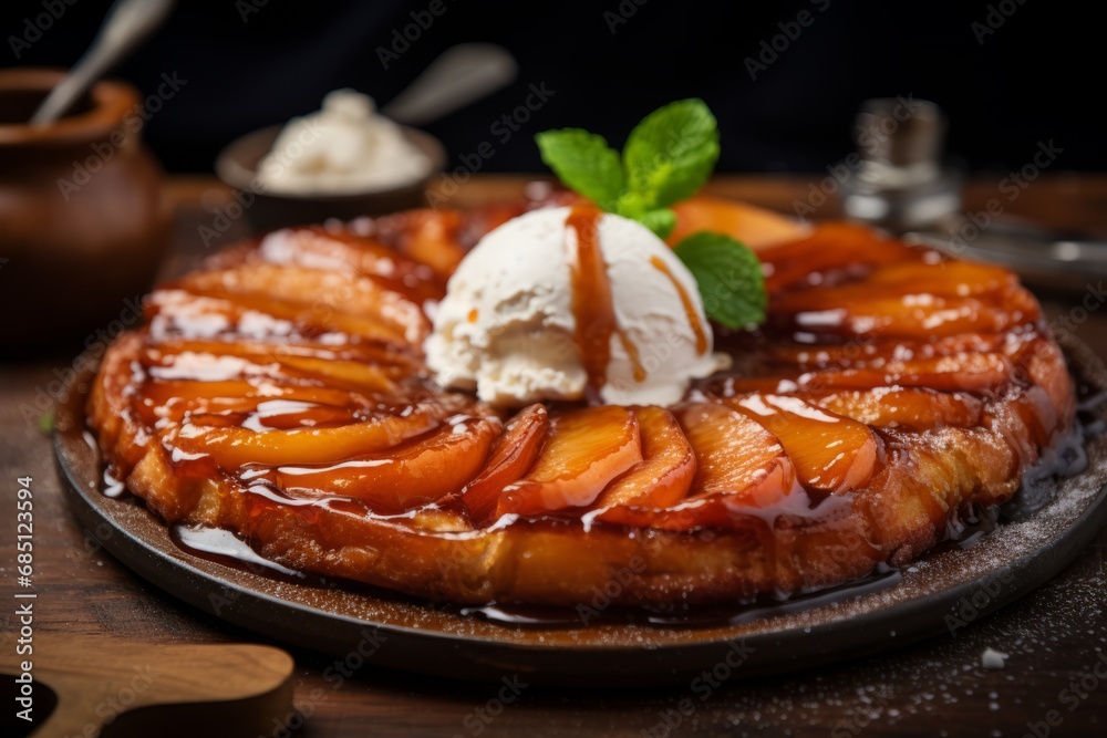 A rustic and mouth-watering Tarte Tatin fresh out of the oven, glistening with caramelized sugar and apples, served on a vintage wooden table with a scoop of ice cream on the side