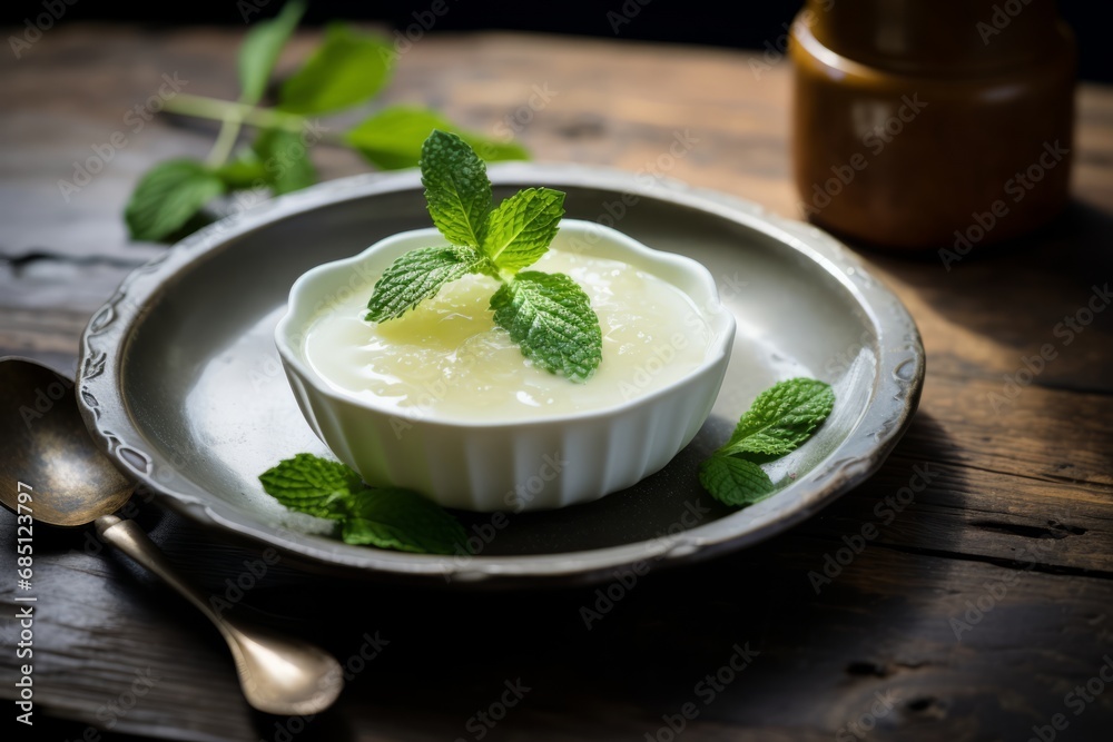 A delicate bowl of homemade Creme Anglaise, garnished with a sprig of mint, set on a rustic wooden table with a vintage silver spoon on the side A delicate bowl of homemade Creme Anglaise, garnished with a sprig of mint, set on a rustic wooden table with a vintage silver spoon on the side
