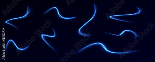  Neon lines of blue speed. Dynamic traces of light movement. Light wave of the trace, line of the trace. Futuristic neon light lines. Light movement effect. Neural network © blagorodez