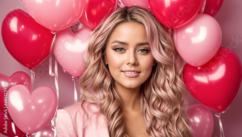 Portrait of a beautiful girl with heart-shaped balloons