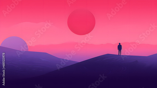 minimalistic red abstract background with a man looking at the red sun #685123978