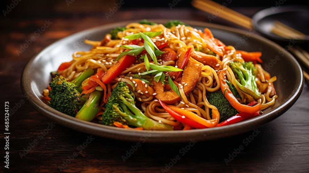 delicious spaghetti with vegetables and meat.Generative AI delicious spaghetti with vegetables and meat.Generative AI
