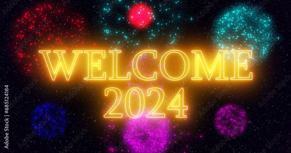 Gold neon color Goodbye 2023 Welcome 2024 text illustration with neon ...