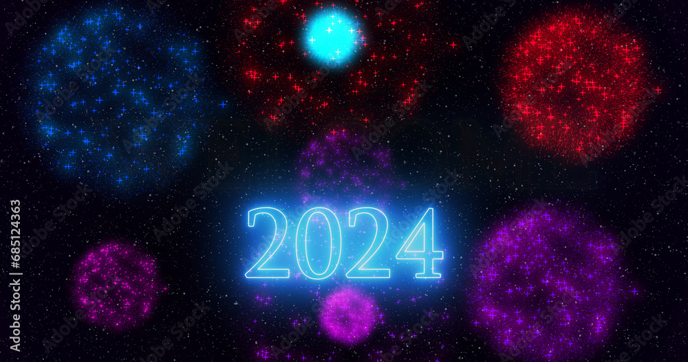 Blue neon color Goodbye 2023 Welcome 2024 text illustration with neon colorful fireworks in high-resolution. Past year 2023 new year 2024. Blue neon color Goodbye 2023 Welcome 2024 text illustration with neon colorful fireworks in high-resolution. Past year 2023 new year 2024.