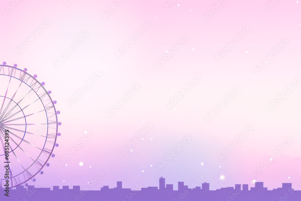 Whimsical backdrop of a fairground with a silhouetted Ferris wheel set against a pastel-head sky, suggesting a family outdoor leisure activity. City background. Copy space