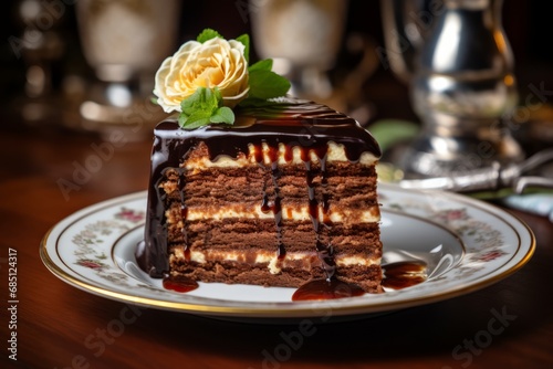 A delectable Prinzregententorte, beautifully layered with sponge cake and chocolate buttercream, topped with a glossy layer of chocolate glaze, served on a vintage porcelain plate