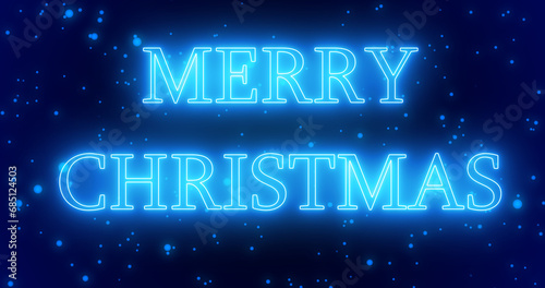 Blue neon color Merry Christmas text illustration with blue neon color snow in high-resolution. Blue neon color Merry Christmas animation.