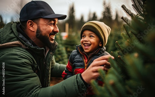 A family laughing and enjoying the process of selecting a large fir tree at a winter tree farm