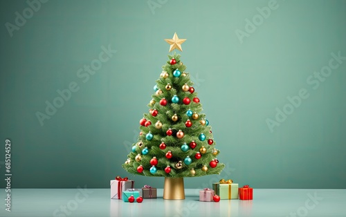 A Festive Christmas Tree with Surrounding Presents on a Green Background