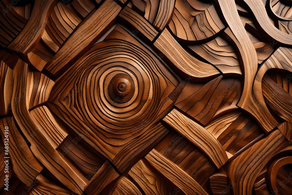 Obraz premium Delight in the close-up view of an intricately designed wooden home wall decoration. 