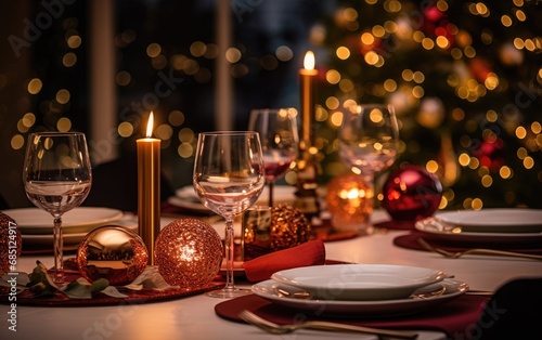 A festive dinner table set against a backdrop of a softly blurred Christmas tree  during the evening  with warm candlelight