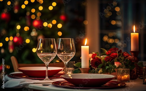 A festive dinner table set against a backdrop of a softly blurred Christmas tree, during the evening, with warm candlelight