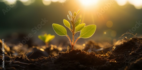 Young plant sprouting from soil with sunrise backdrop, symbolizing growth, new beginnings, and sustainability.