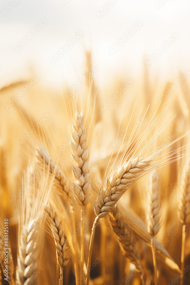 Close up of wheat ears, field of wheat in a summer day.Generative AI Close up of wheat ears, field of wheat in a summer day.Generative AI