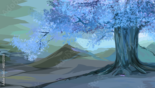 Canvas Print natural view of the mountains behind a large tree with a blue background
