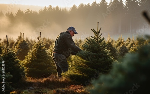 A person carefully selecting a tall fir tree from a Christmas tree farm photo