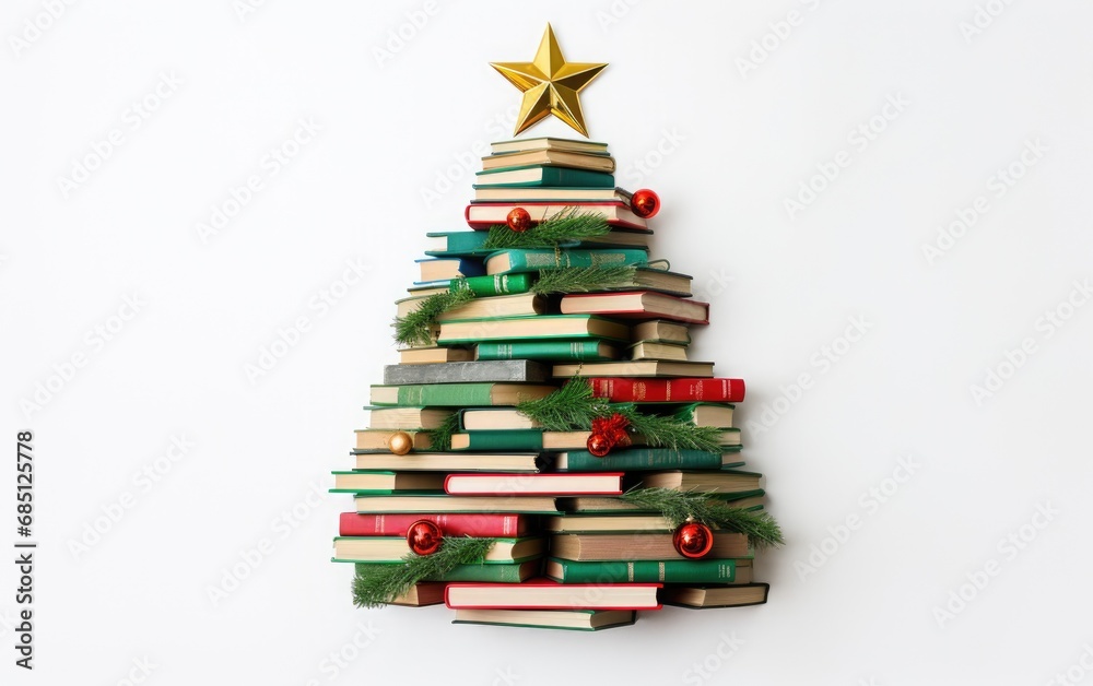 Christmas tree made from carefully stacked books on a white background Christmas tree made from carefully stacked books on a white background