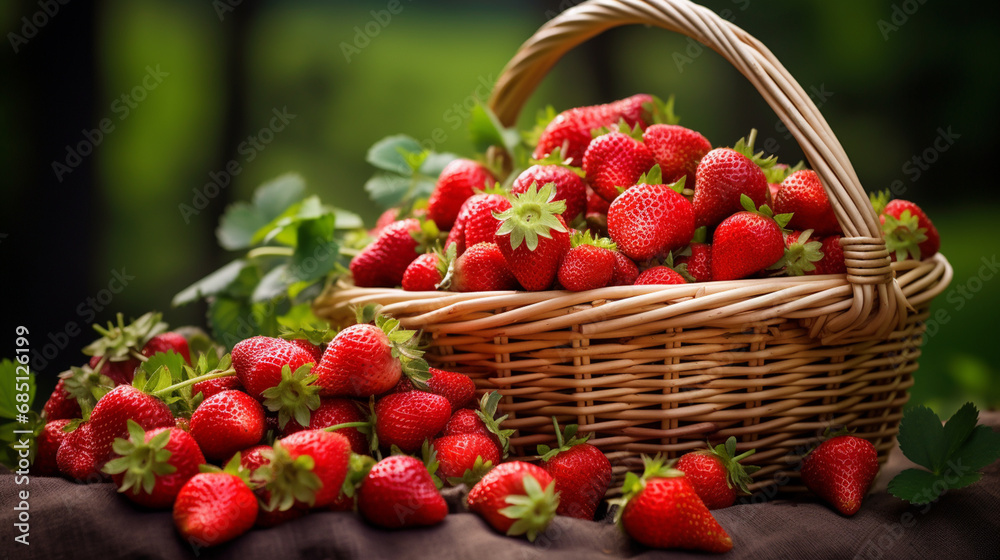 Fresh ripe organic strawberries in a basket next to strawberries. Generative AI