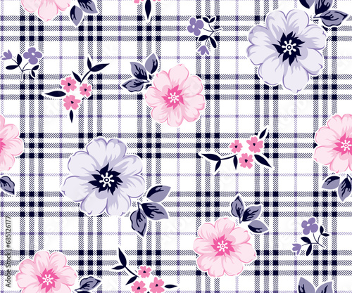 Daisies  pattern with small flowers on plaid 