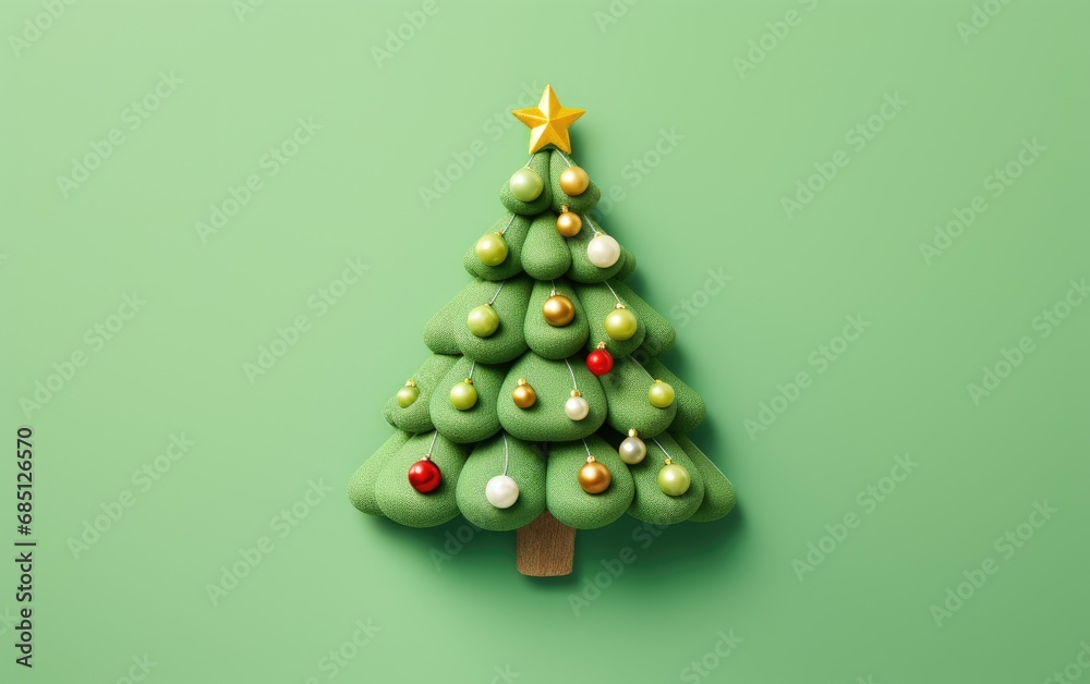 A cute decorated Christmas tree in a flat lay with an overhead shot on a green background A cute decorated Christmas tree in a flat lay with an overhead shot on a green background