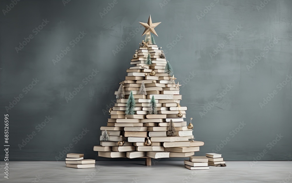 Christmas tree made from books on a grey background Christmas tree made from books on a grey background