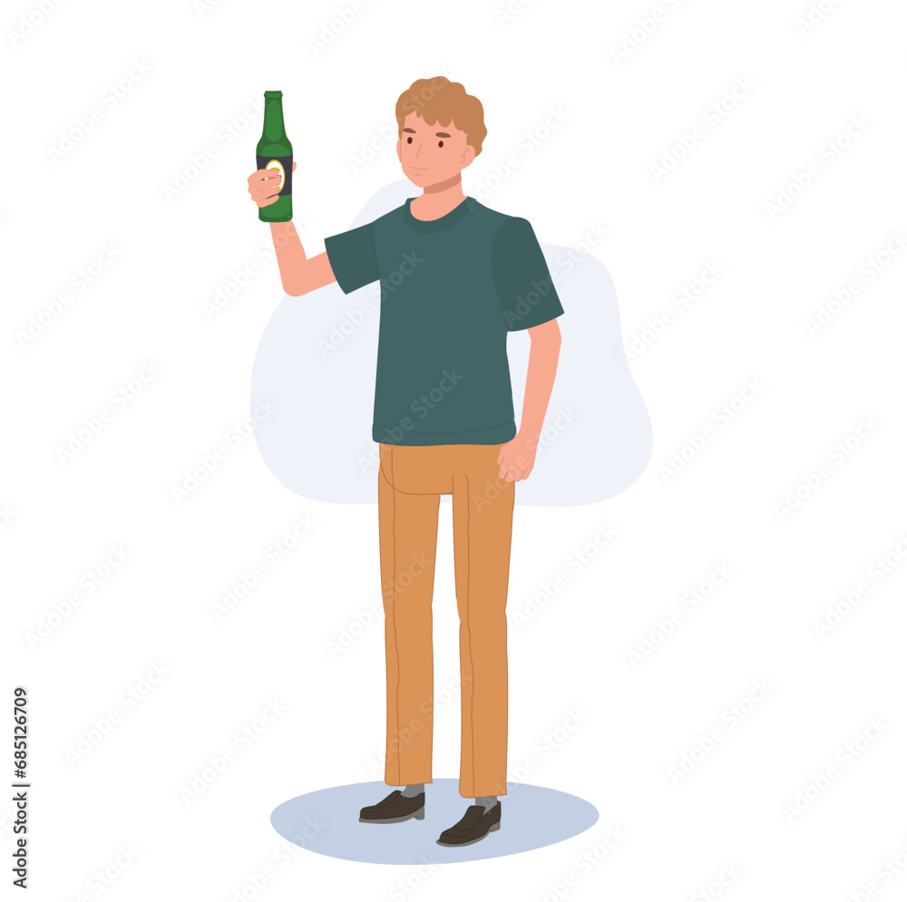 Happy Smiling Male Enjoying Craft Beer. Casual Man Holding Beer Bottle Happy Smiling Male Enjoying Craft Beer. Casual Man Holding Beer Bottle