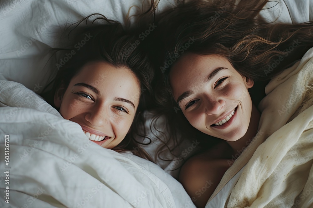 A happy lesbian family enjoys a morning together in bed, radiating love, laughter, and togetherness.