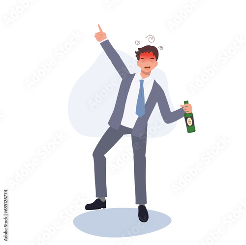Drunk Businessman Holding Beer Bottle. Alcoholism in Corporate Life concept.