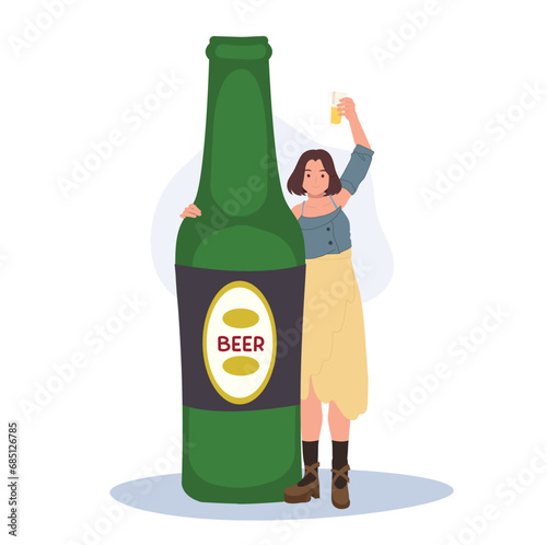 Drink beer Concept. woman Celebrating with Oversized Beer Bottle.