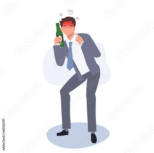 Drunk Businessman Holding Beer Bottle. Alcoholism in Corporate Life concept.