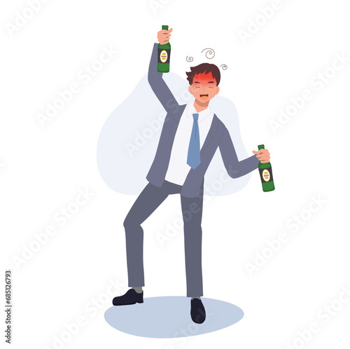 Drunk Businessman Holding Beer Bottle. Alcoholism in Corporate Life concept.