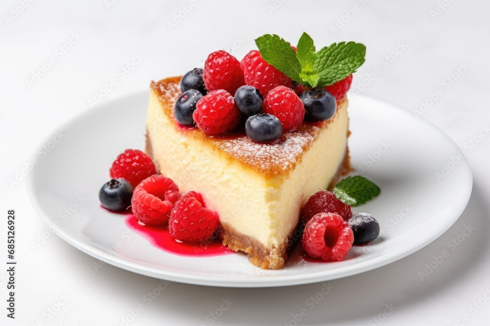 Fresh and sweet cheesecake slice with berries on a white plate, a delicious gourmet dessert. Fresh and sweet cheesecake slice with berries on a white plate, a delicious gourmet dessert.