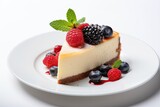 Delicious cheesecake slice with fresh berries on a white plate, a sweet and gourmet dessert.
