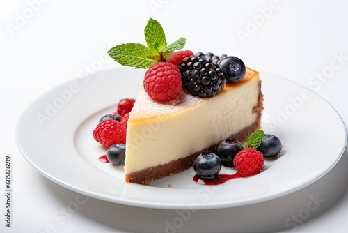 Delicious cheesecake slice with fresh berries on a white plate, a sweet and gourmet dessert.