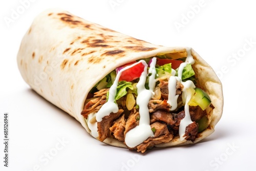Delicious kebab sandwich with grilled meat, lettuce, and a variety of vegetables wrapped in a tortilla - a flavorful and satisfying meal.