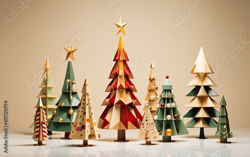 Handmade colorful decorated Christmas trees on a light background 