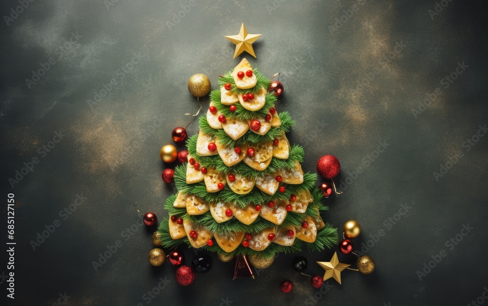 Christmas tree made from sweets and pastries on a green background with copy space Christmas tree made from sweets and pastries on a green background with copy space