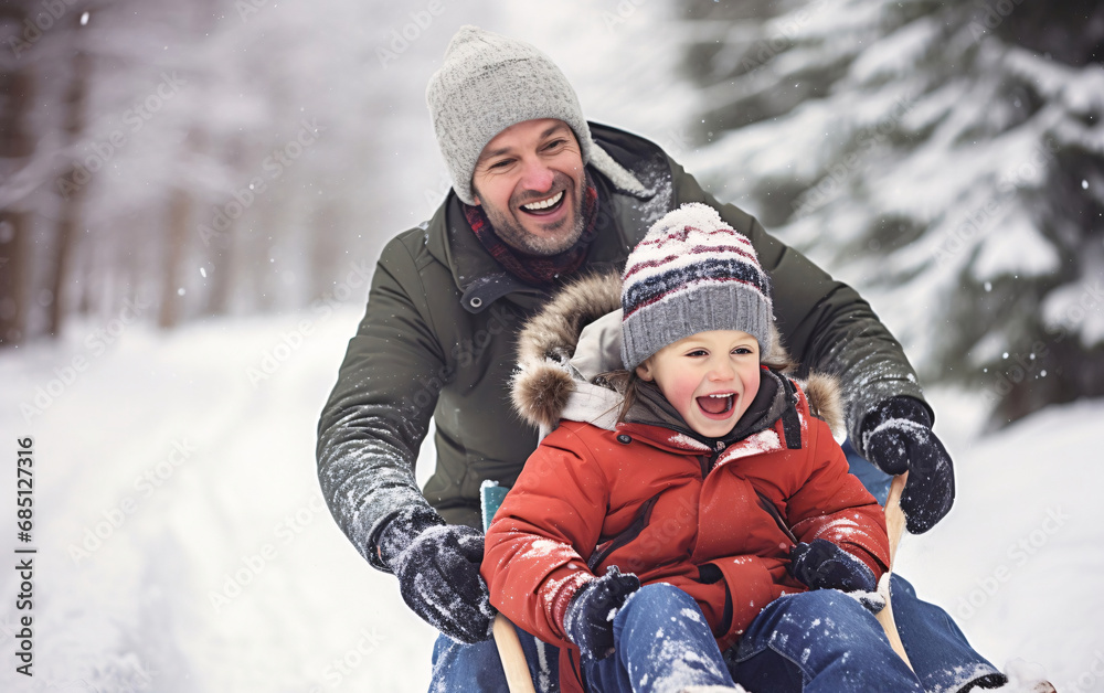Father and son ride together on a sled on a snowy slope and have fun, happy family and winter activity