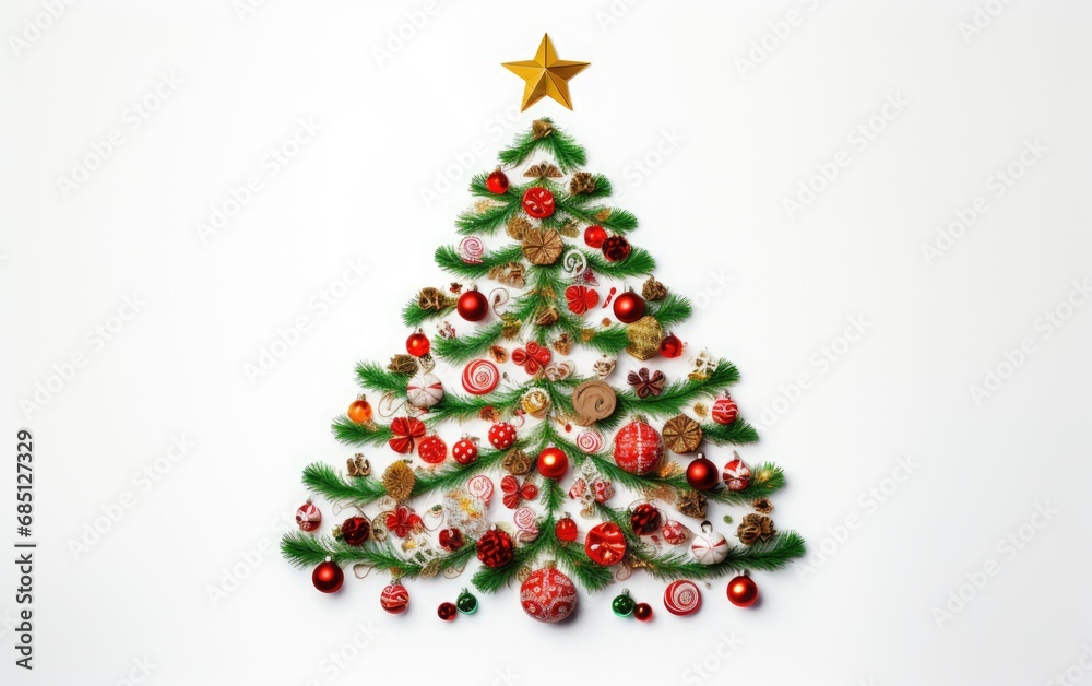 A cute handmade Christmas tree and decorations in a flat lay with an overhead shot on a white background