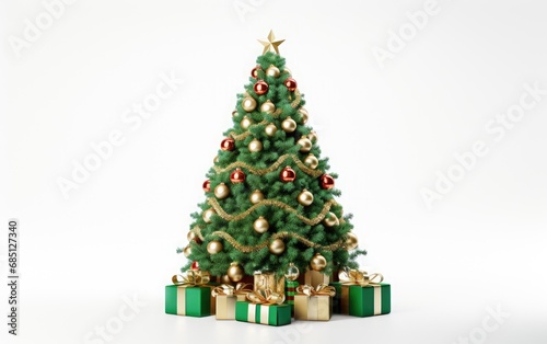 Cute decorated Christmas tree and gifts on a white background
