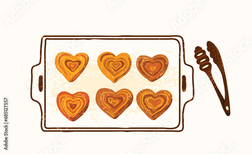 Buns in the shape of heart on baking tray with bakery tongs. Vector